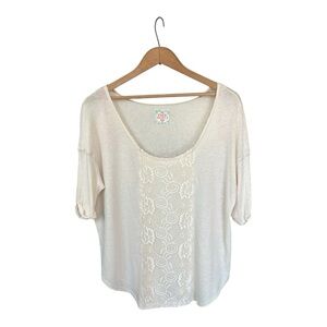 Free People Cream Lace Panel Cotton Boho Distressed Scoop Neck Top Size XS-S
